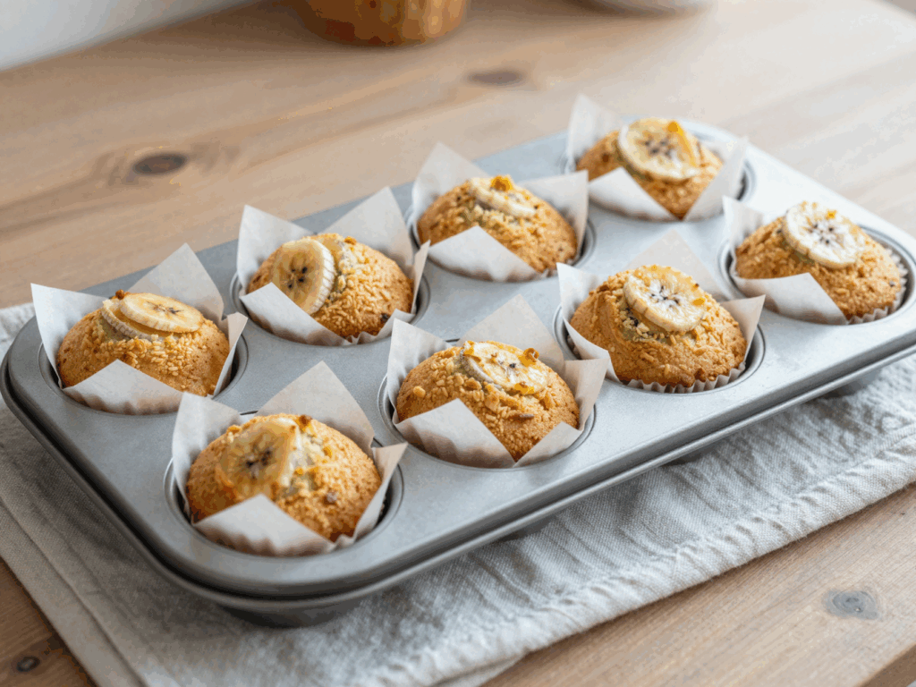 Muffinblech mit gebackenen Muffins in selbst zugeschnittenen Backpapier-Quadraten