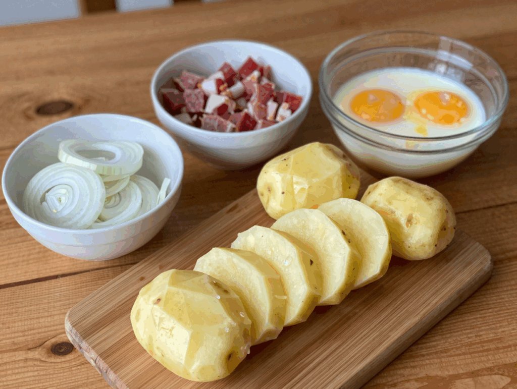 Kalte Pellkartoffeln in Scheiben, daneben Zwiebeln, Schinkenwürfel und verquirlte Eier