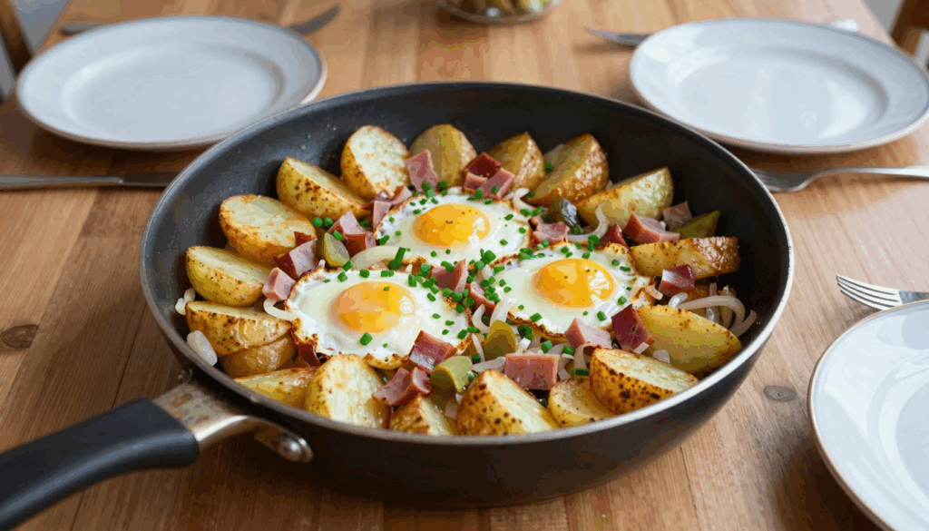 Große Pfanne Bauernfrühstück mit goldbraunen Kartoffelscheiben, Ei und Schnittlauch