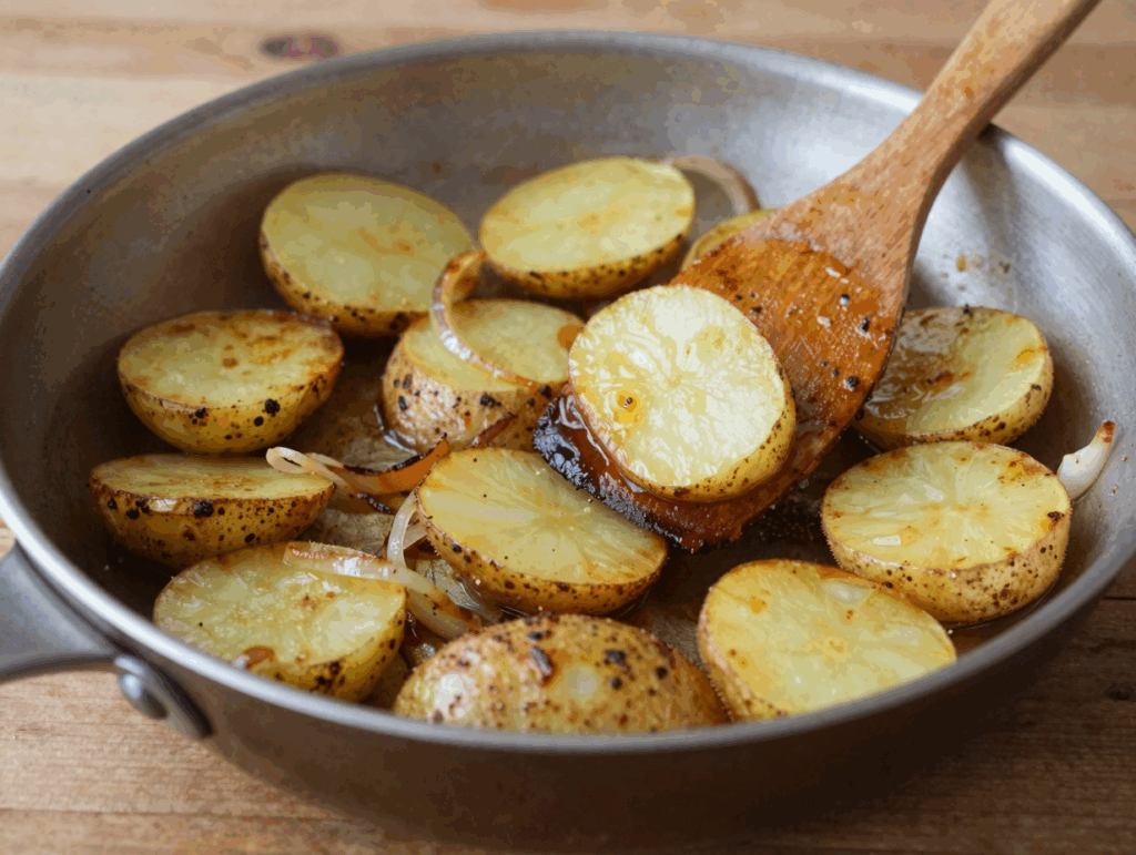 Kartoffelscheiben braten goldbraun in der großen Pfanne