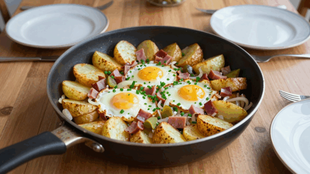 Große Pfanne Bauernfrühstück mit goldbraunen Kartoffelscheiben, Ei und Schnittlauch