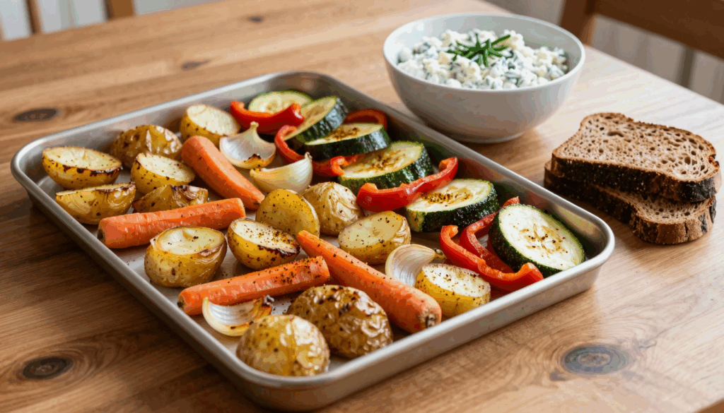 Blech mit geröstetem Gemüse, daneben eine Schüssel Kräuterquark und Brot