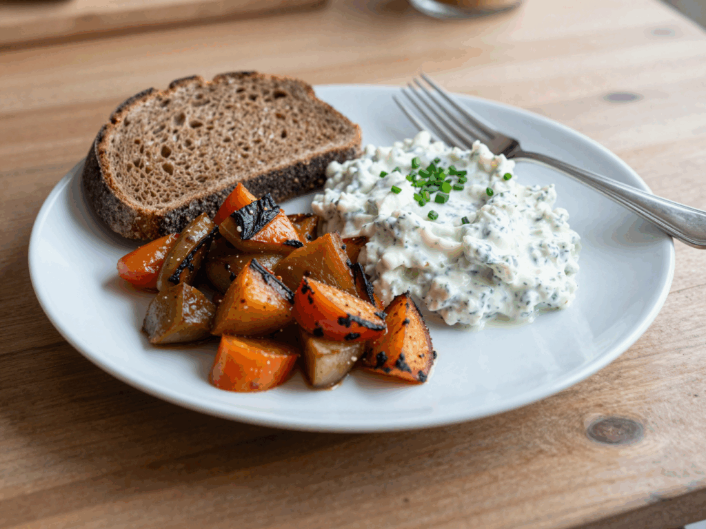 Teller mit Blechgemüse, Kräuterquark und einer Scheibe Brot