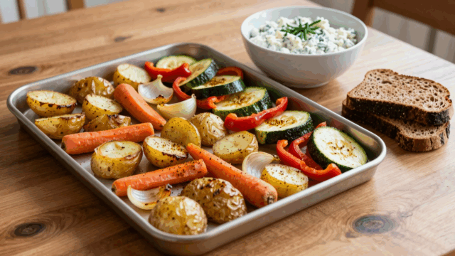 Blech mit geröstetem Gemüse, daneben eine Schüssel Kräuterquark und Brot