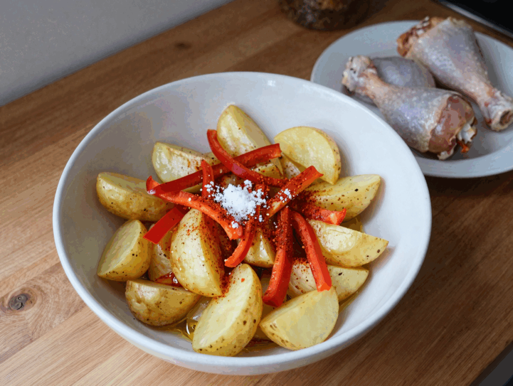 Kartoffelspalten, Zwiebeln und Paprika werden mit Öl und Paprikapulver vermengt