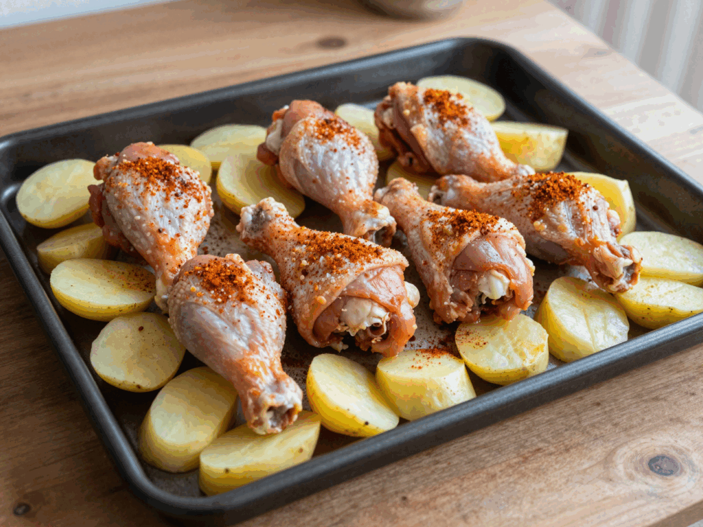 Gewürzte Hähnchenschenkel liegen auf den rohen Kartoffelspalten auf dem Blech