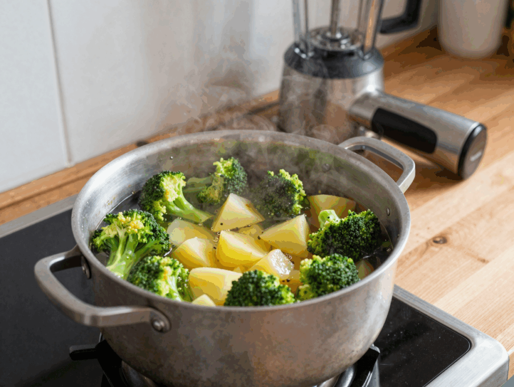 Brokkoli und Kartoffelwürfel kochen im großen Topf