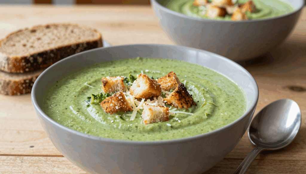 Schale mit cremiger Brokkolisuppe und goldbraunen Croutons obendrauf