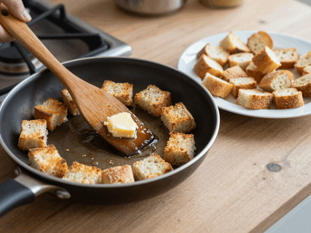 Brotwürfel rösten in der Pfanne zu Croutons