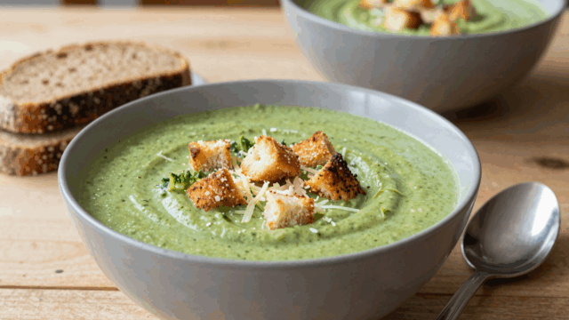 Schale mit cremiger Brokkolisuppe und goldbraunen Croutons obendrauf