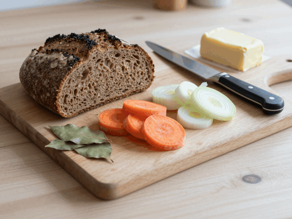 Hartes Mischbrot in groben Würfeln, daneben Möhren, Zwiebeln und Lauch