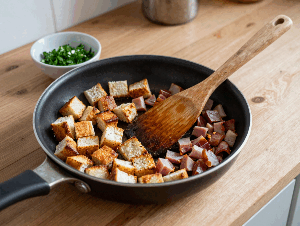 Goldbraun geröstete Brotwürfel und knusprige Schinkenwürfel in der Pfanne