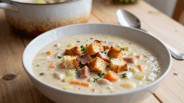 Teller sämige Brotsuppe mit gerösteten Brotwürfeln, Schinken und Petersilie