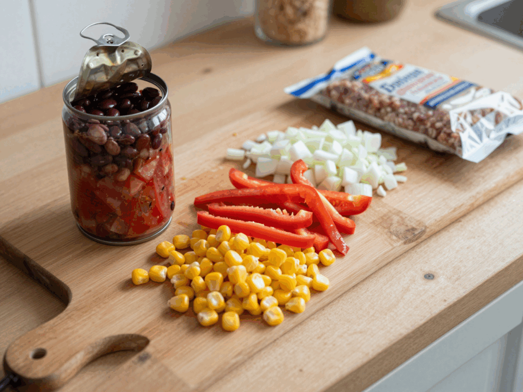 Dosen mit Bohnen, Tomaten und Mais neben geschnittener Zwiebel und Paprika