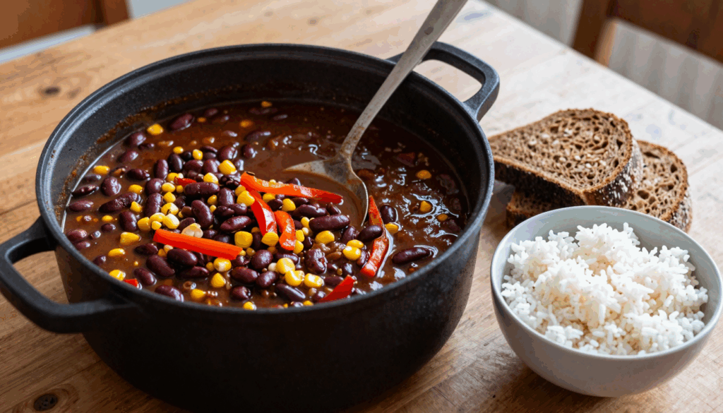 Großer Topf mildes Chili con Carne mit Bohnen und Mais, daneben Reis und Brot