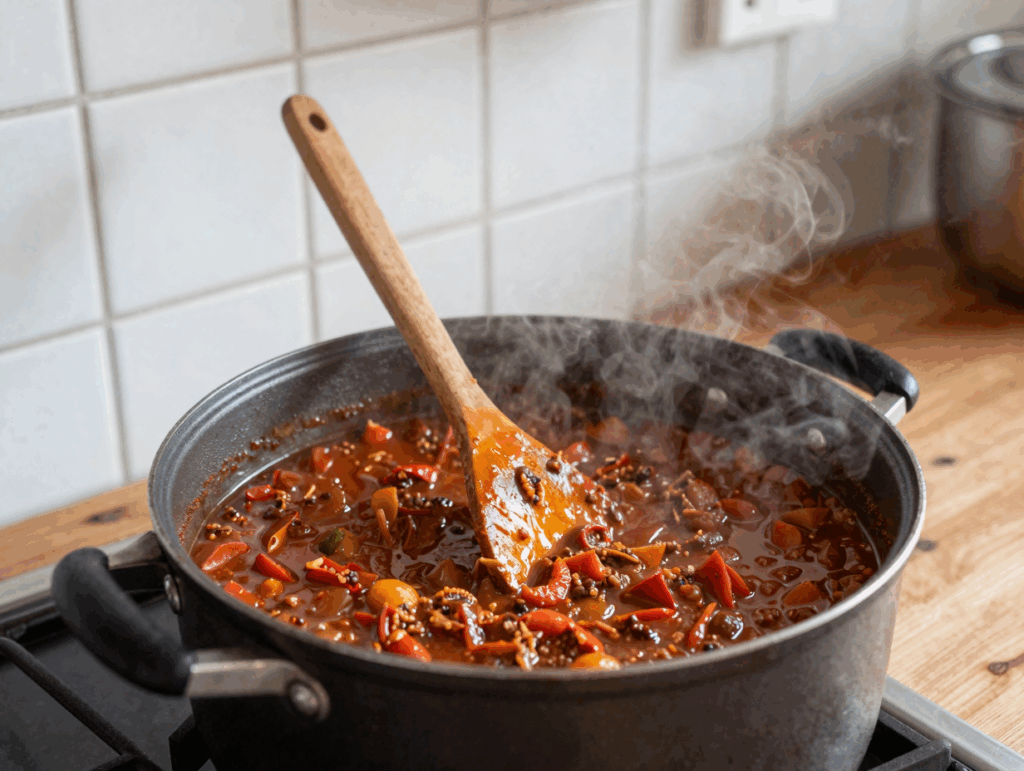Chili köchelt mit dem Kochlöffel im großen Topf