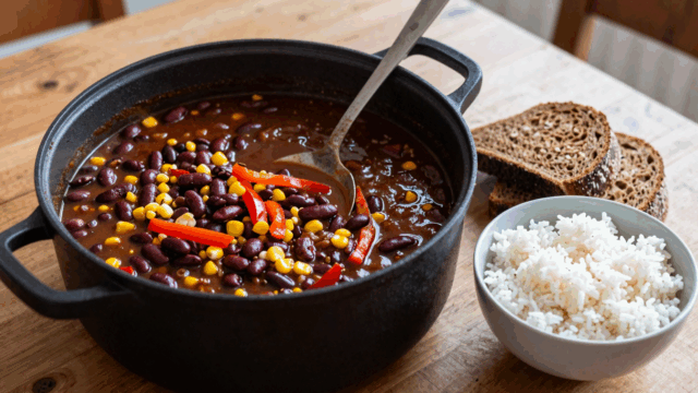 Großer Topf mildes Chili con Carne mit Bohnen und Mais, daneben Reis und Brot