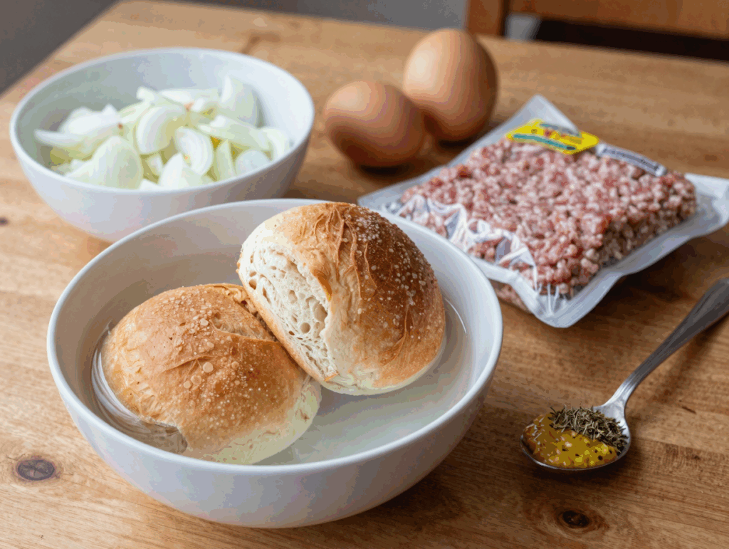 Zwei alte Brötchen weichen in einer Schüssel Wasser ein, daneben Hackfleisch, Zwiebel und Ei