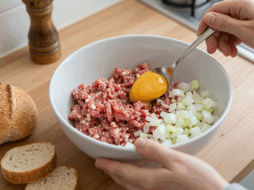 Hackfleisch mit eingeweichtem Brötchen, Zwiebelwürfeln, Ei und Senf in der Schüssel