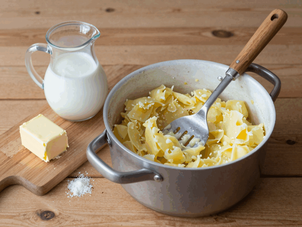 Kartoffelpüree im Topf mit Stampfer, daneben warme Milch und Butter