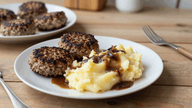 Zwei Frikadellen mit Kartoffelpüree und Zwiebelsauce auf dem Teller