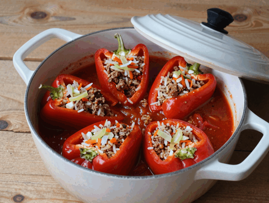 Halbierte Paprikaschiffchen mit Reis-Hack-Füllung köcheln in der Tomatensauce