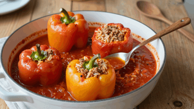 Gefüllte Paprika mit Reis-Hack-Füllung in Tomatensauce im Topf