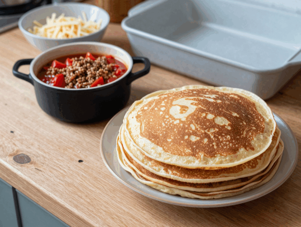Stapel dünner Pfannkuchen neben einem Topf mit Hackfleischsoße und geriebenem Käse