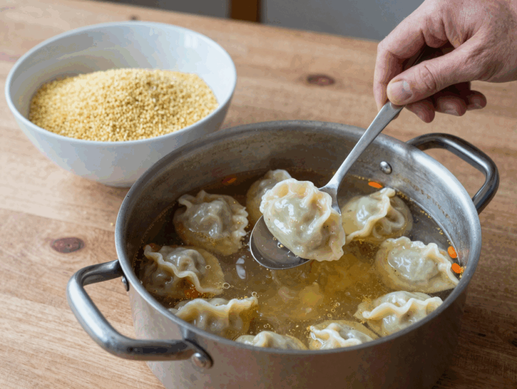 Grießklößchen werden mit zwei Teelöffeln geformt und in die Suppe gegeben