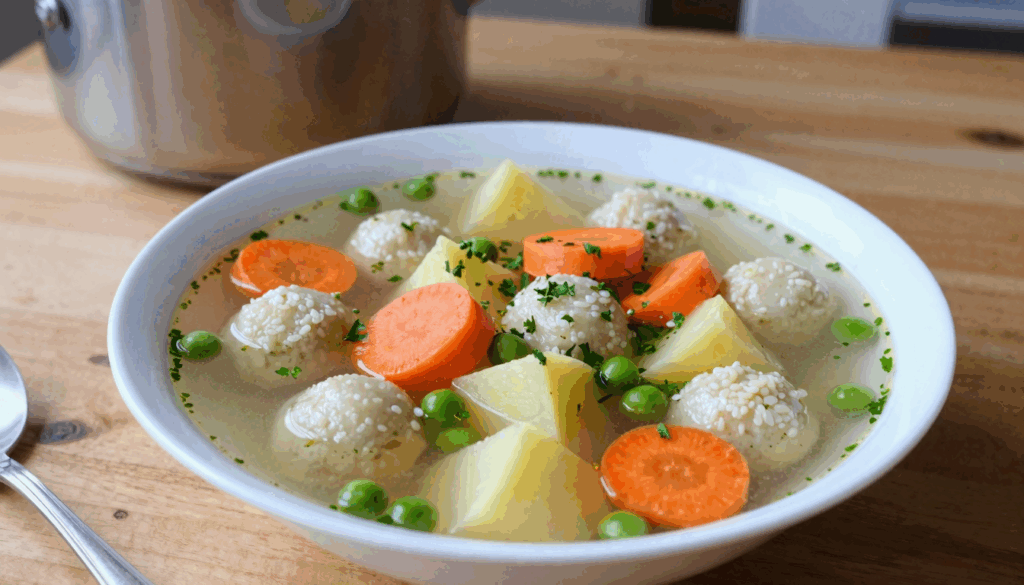 Teller Gemüsesuppe mit Grießklößchen, Möhrenscheiben und Erbsen