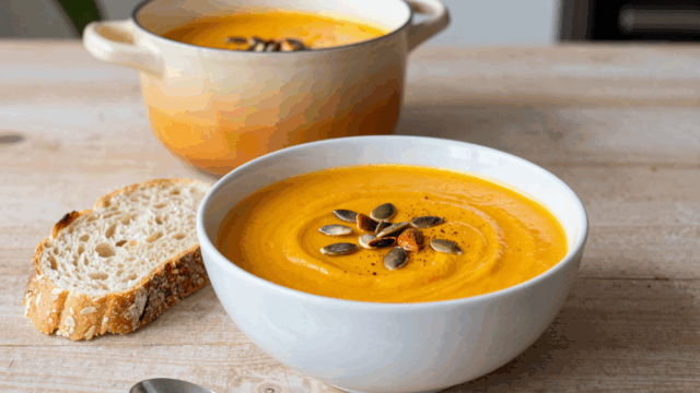 Schale mit oranger Hokkaido-Kürbissuppe, Kürbiskernen und einer Scheibe Brot