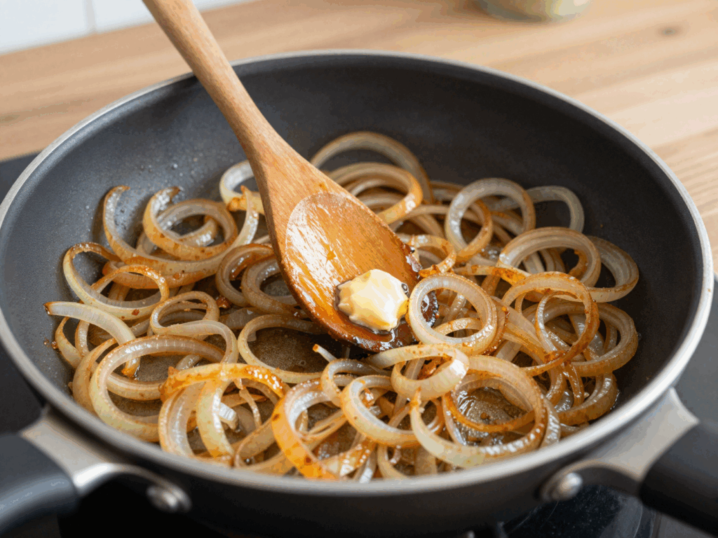 Pfanne mit langsam goldbraun gerösteten Zwiebelringen