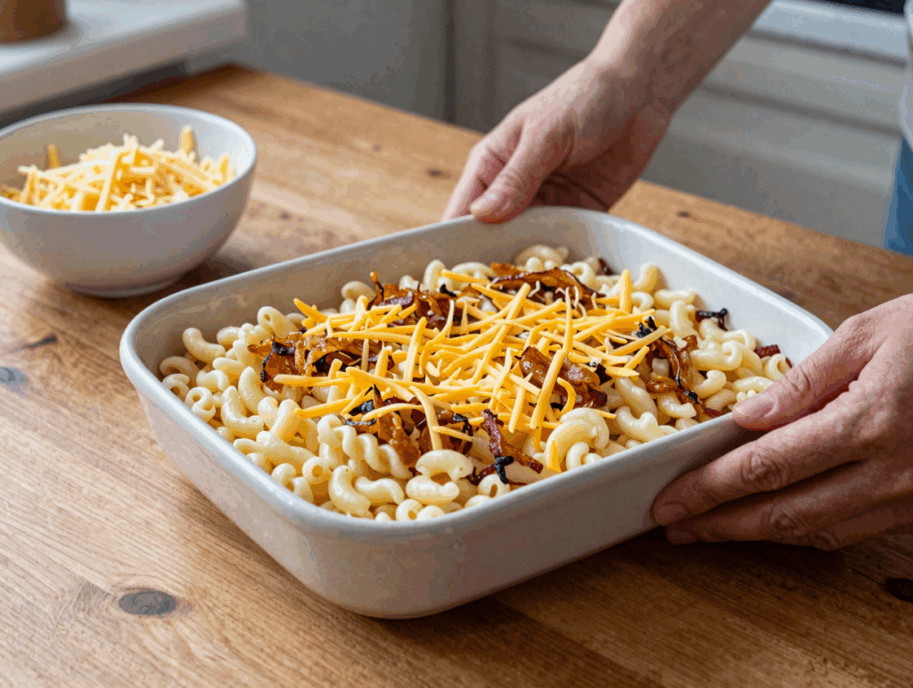 Auflaufform mit einer Schicht Spätzle, Reibekäse und Röstzwiebeln