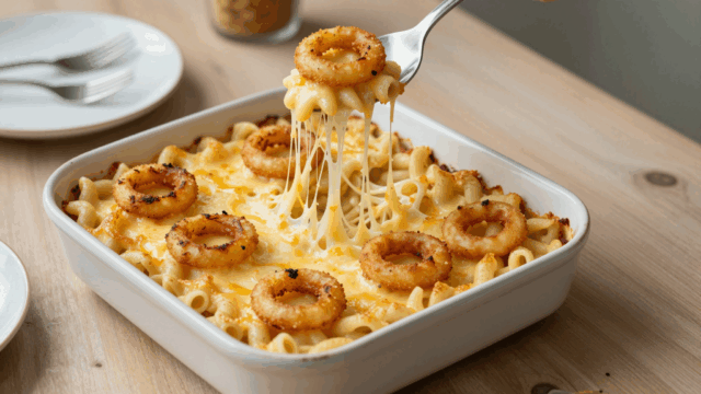 Auflaufform mit Käsespätzle, geschmolzenem Käse und gerösteten Zwiebeln