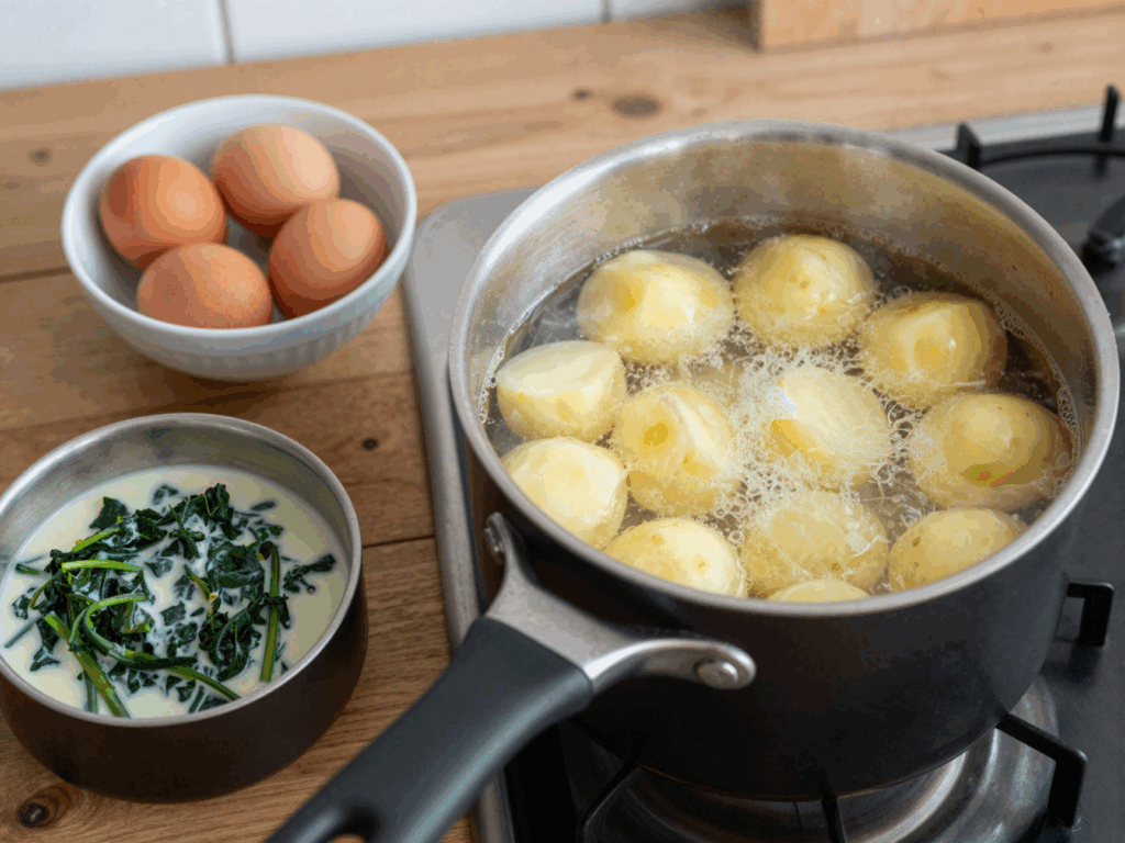 Kartoffeln im Topf, daneben Rahmspinat und vier Eier