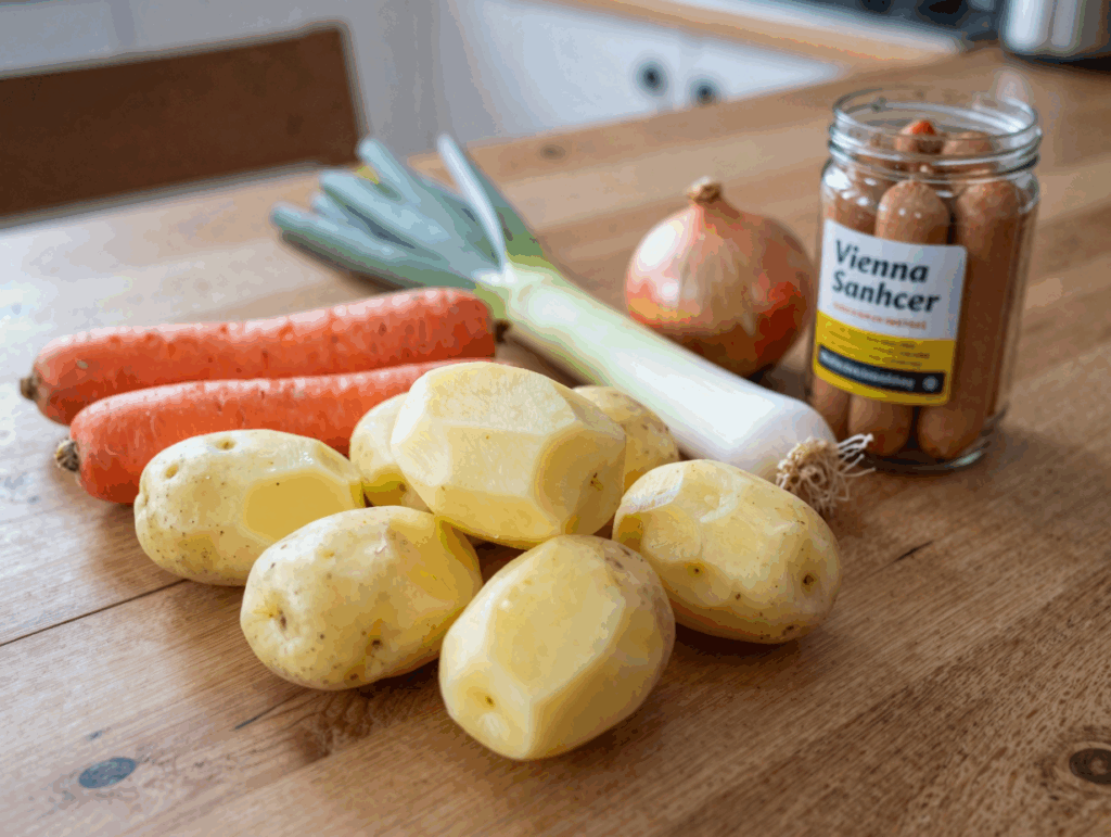 Kartoffeln, Möhren, Lauch, Zwiebel und ein Glas Wiener Würstchen auf dem Küchentisch