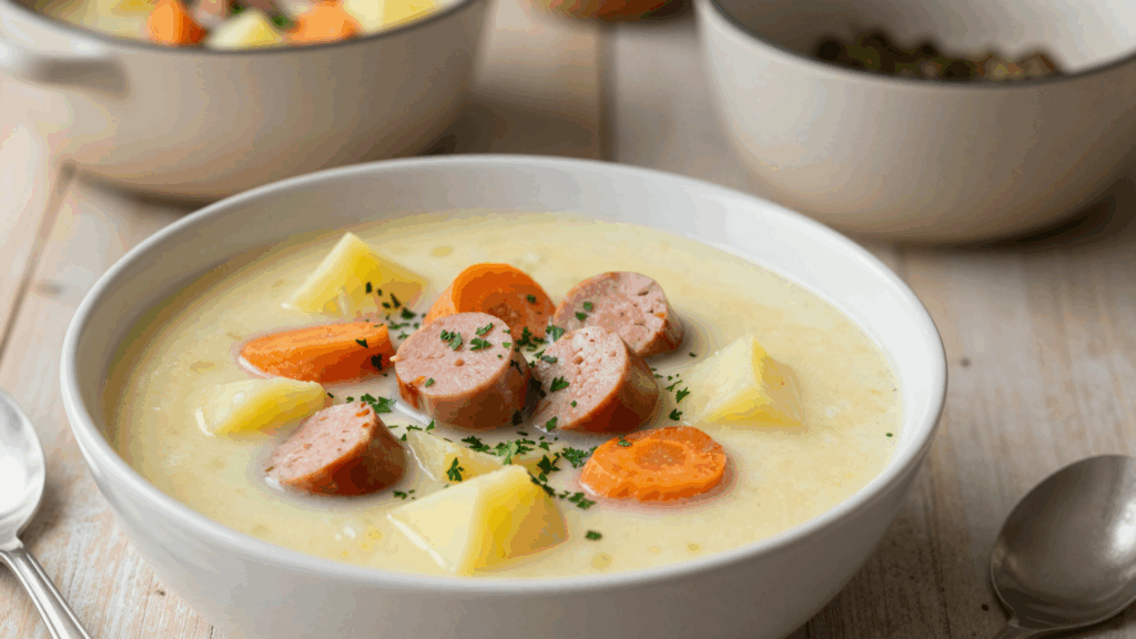 Teller Kartoffelsuppe mit Würstchenscheiben und Möhren
