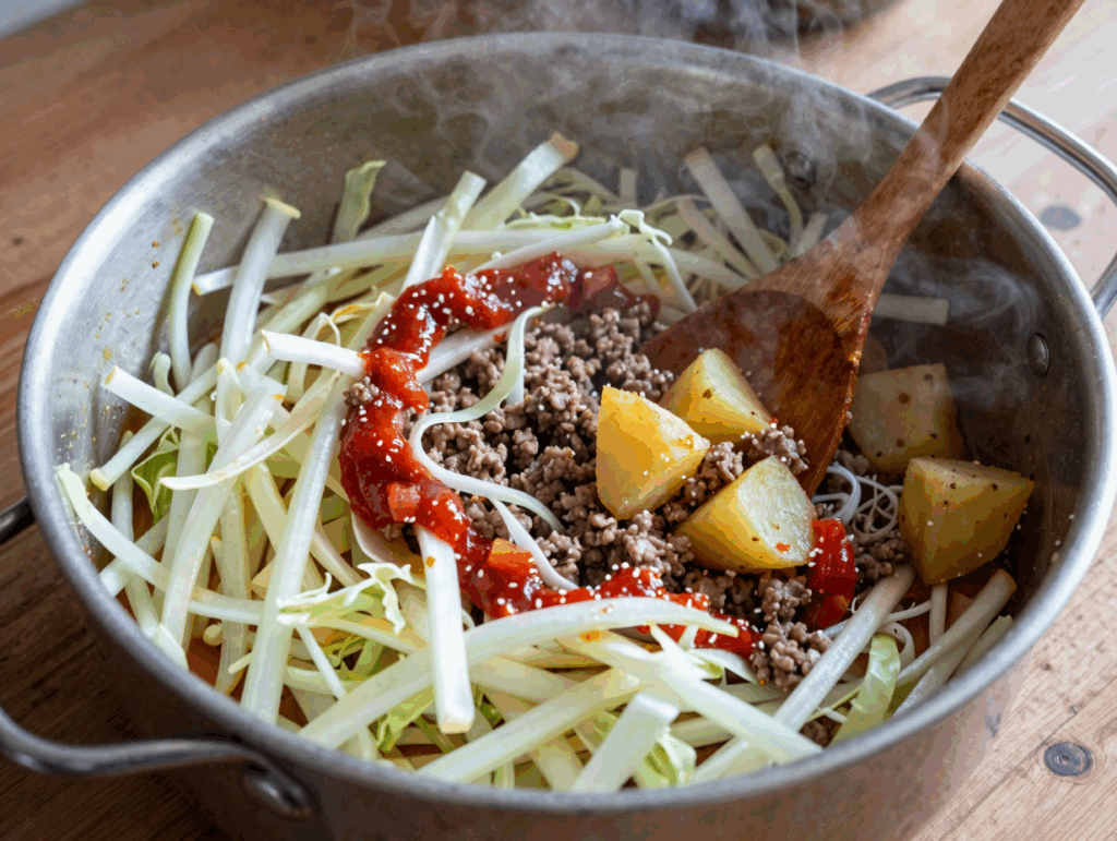 Randvoller Topf mit Kohlstreifen über Hackfleisch und Kartoffelwürfeln