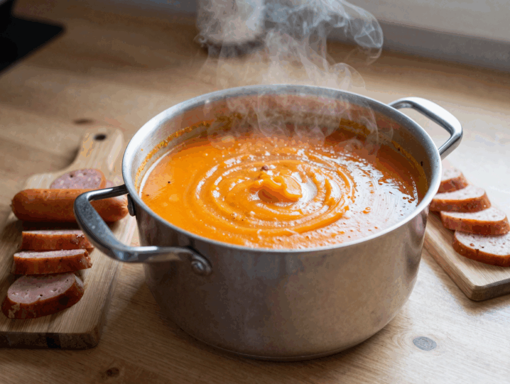 Großer Topf mit pürierter Möhren-Kartoffel-Suppe und aufgeschnittenen Würstchen daneben