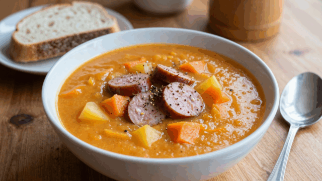 Teller mit cremiger Möhren-Kartoffel-Suppe und Würstchenscheiben