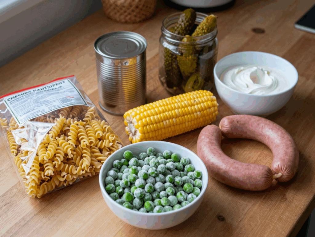 Zutaten für den Nudelsalat auf der Küchenzeile