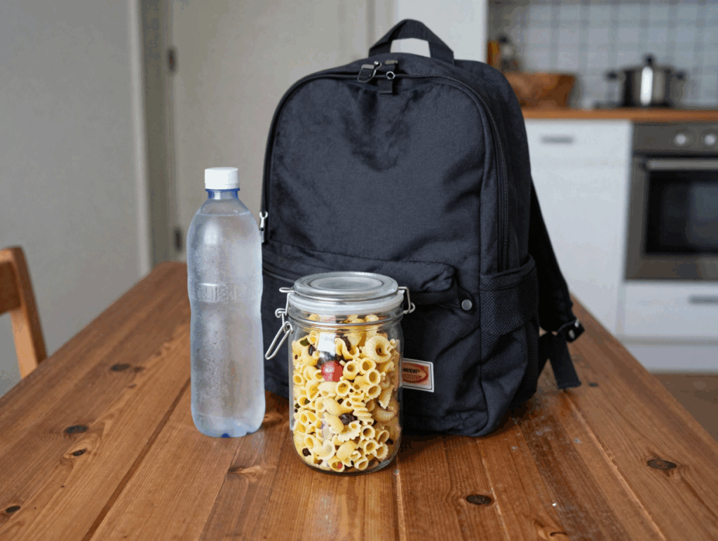 Nudelsalat im Schraubglas neben einer Wasserflasche im Rucksack