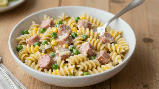Große Schüssel Nudelsalat mit Mais, Erbsen und Wurstwürfeln