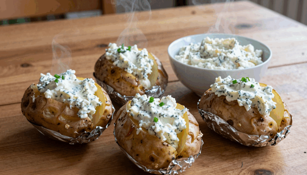 Aufgeschnittene Ofenkartoffeln in Alufolie mit Kräuterquark