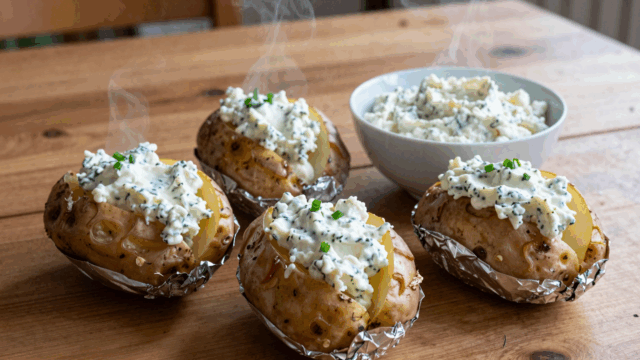 Aufgeschnittene Ofenkartoffeln in Alufolie mit Kräuterquark