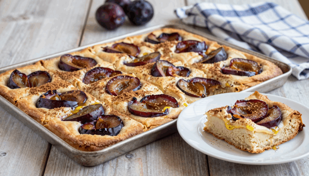Pflaumenkuchen vom Blech auf Quark-Öl-Teig, in Stücke geschnitten und mit Zimtzucker bestreut