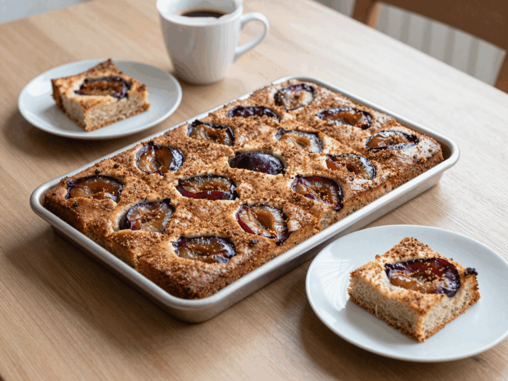 Zwei Stücke Pflaumenkuchen auf kleinen Tellern neben einer Tasse Kaffee