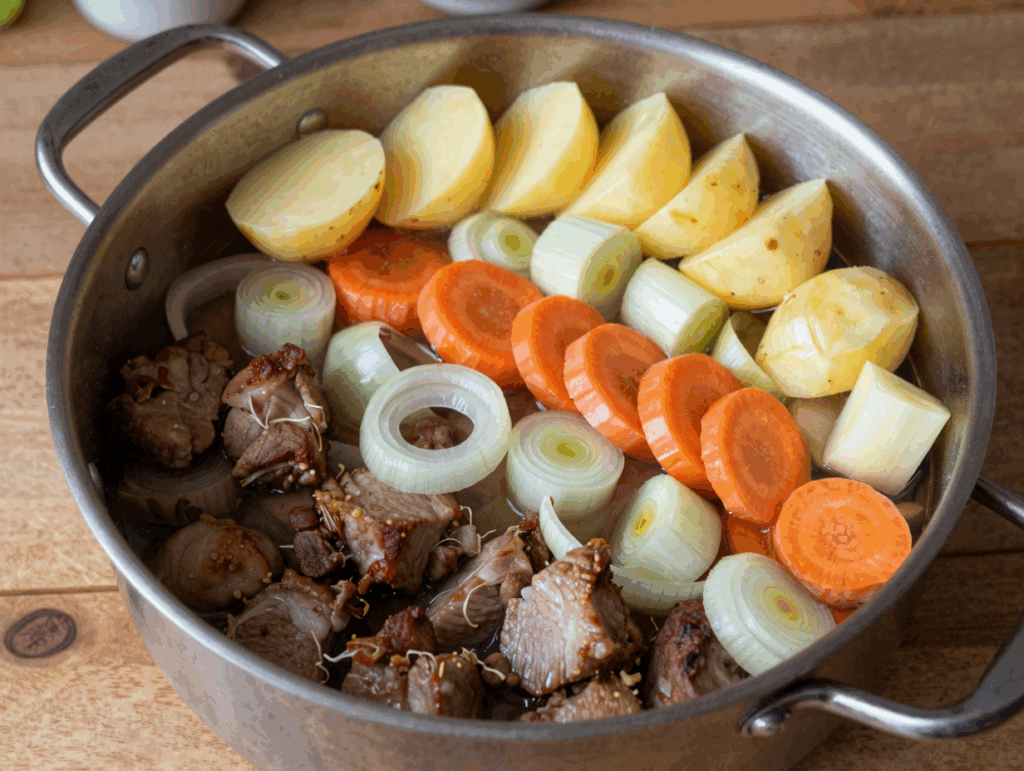 Topf mit geschichtetem Pichelsteiner: Fleisch unten, Gemüse in Lagen, Kartoffelscheiben obenauf