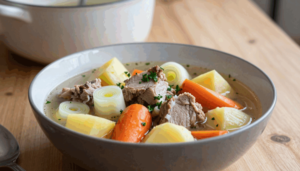 Teller Pichelsteiner Eintopf mit Fleisch, Möhren, Kohlrabi, Lauch und Kartoffelscheiben