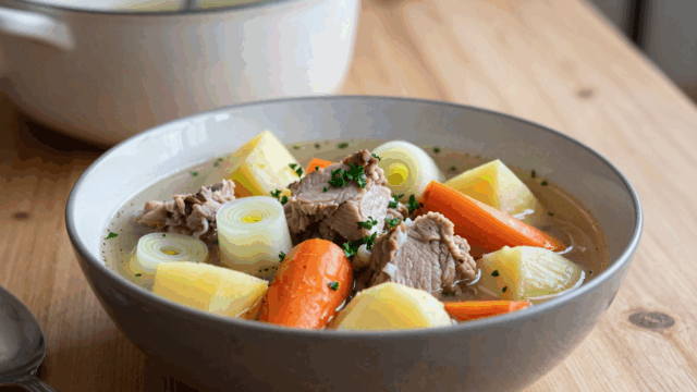Teller Pichelsteiner Eintopf mit Fleisch, Möhren, Kohlrabi, Lauch und Kartoffelscheiben